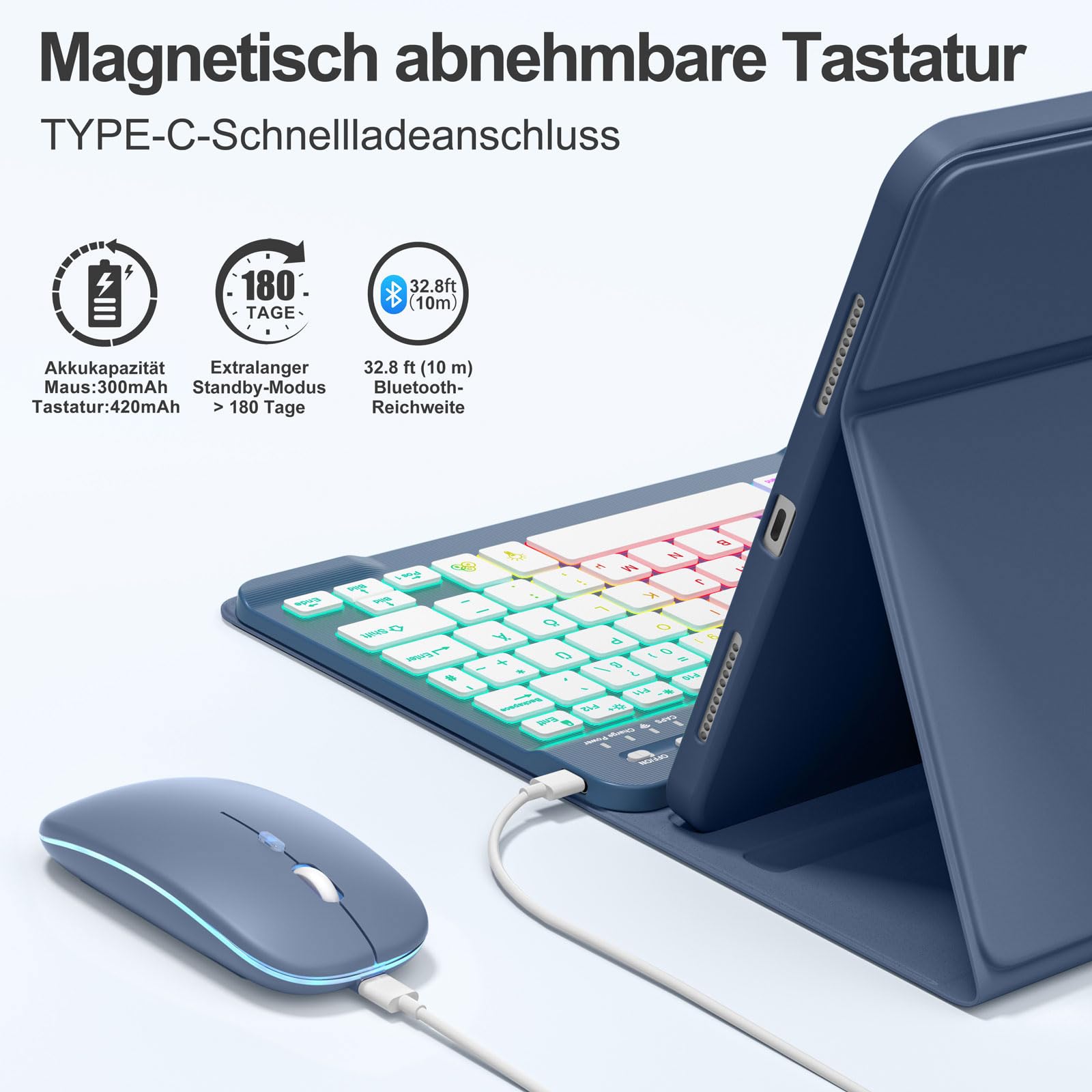 drivego Tastatur Hülle mit Maus for iPad A16 11/10 Generation (11/10.9 Zoll 2025/2022), Bluetooth Magnetisch Beleuchtete Keyboard, Hülle mit Panzerglas Schutzfolie for iPad 11. 10. Gen, Blau Grau
