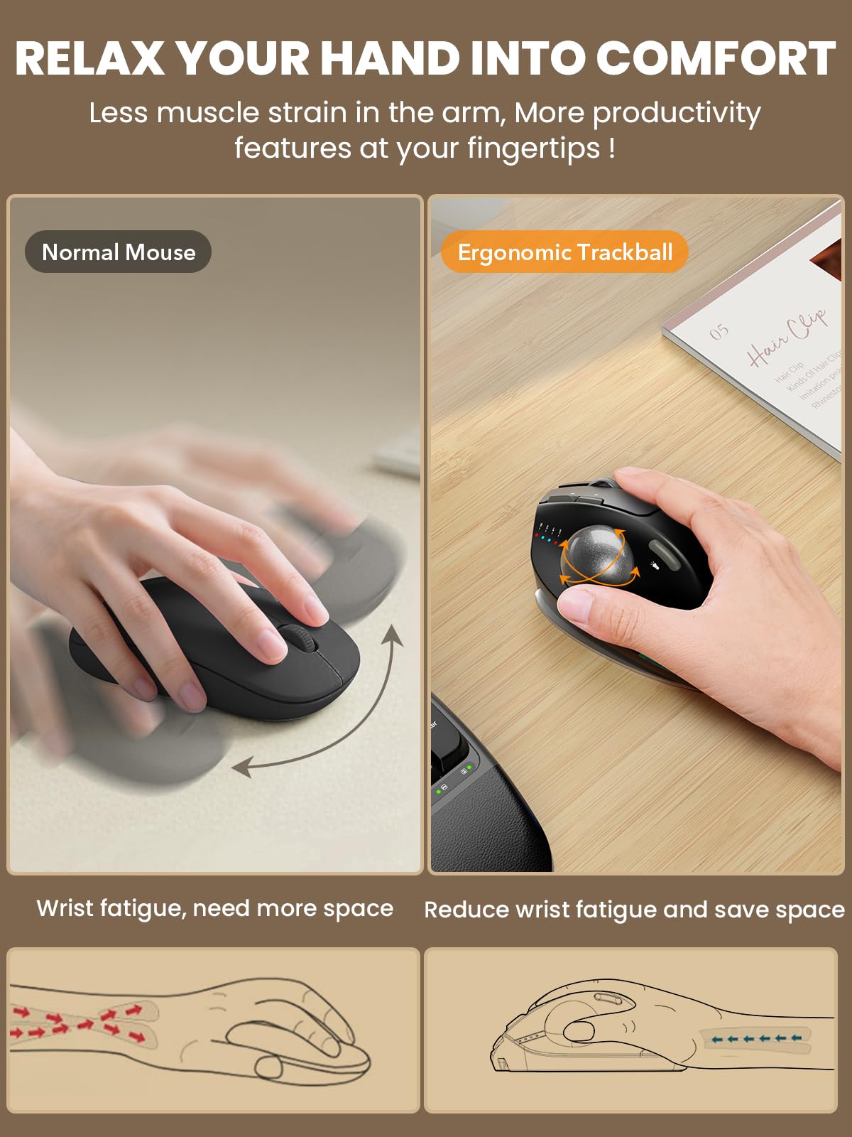 SABLUTE MAM1 Pro - Ratón ergonómico inalámbrico Trackball, ángulo ajustable de 0°/18°, ratones de control de pulgar, clic silencioso, 3 receptores Bluetooth y USB multidispositivos, mouse recargable