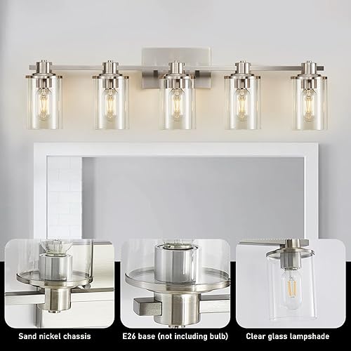 Miniatura 4 de DUJAHMLAND Lámpara de baño, 5 luces de níquel cepillado sobre espejo, luz de tocador con pantalla de vidrio transparente, iluminación de tocador de