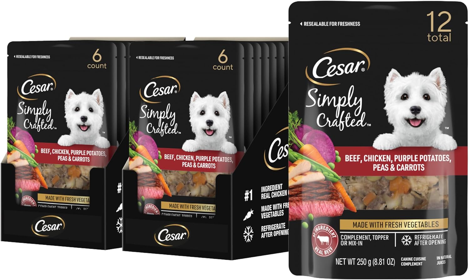 Cesar Simply Crafted Wet Dog Food Topper Beef, Chicken, Purple Potatoes, Peas & Carrots, Wet Food for Dogs, 8.82 oz. Pouch, 6 Count (Pack of 2)