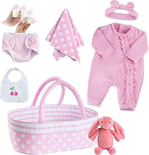 JIZHI 8 Pcs Reborn Baby Doll Clothes for 17-22 Inch Baby Doll with Bassinet Baby Doll Clothes Outfit Accessories fit Newborn Baby Doll Girl