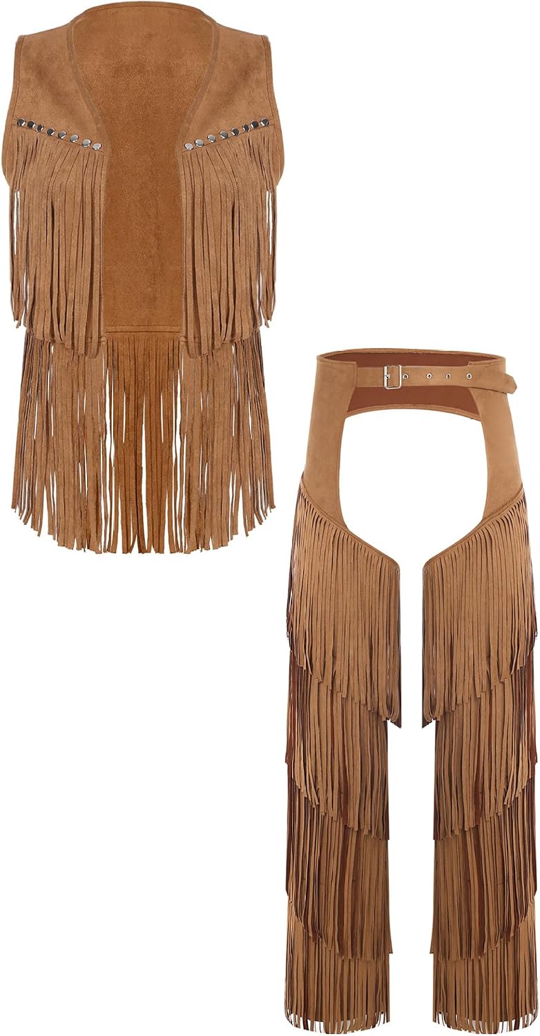 Halloween Cosplay Cowboy Outfit for Men Faux Suede Open Front Tassel Vest Tiered Fringe Pants