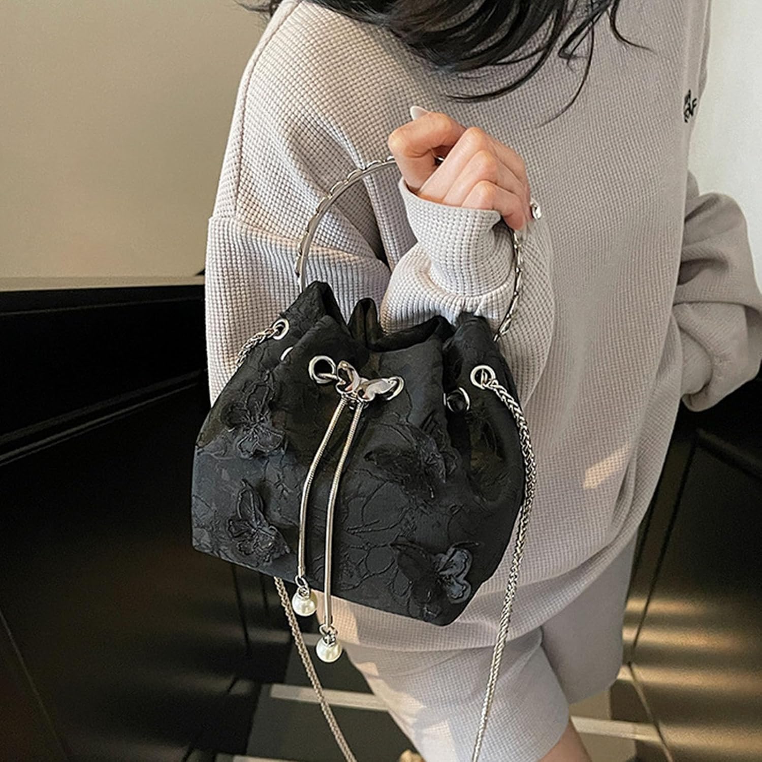 Women Evening Bag, Elegant Embroidery Butterfly Floral Bucket Bag, Sparkly Rhinestone Top Handle Mini Crossbody Bag