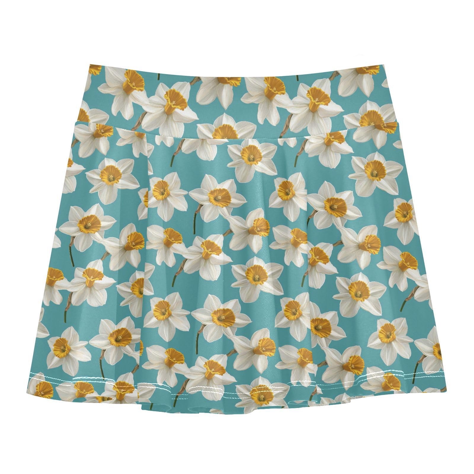 Retro Daffodils Flowy Little Girls Tennis Skirt with Built in Shorts Cheerleading Skirts Performance SkortsWith Pockets Turquoise