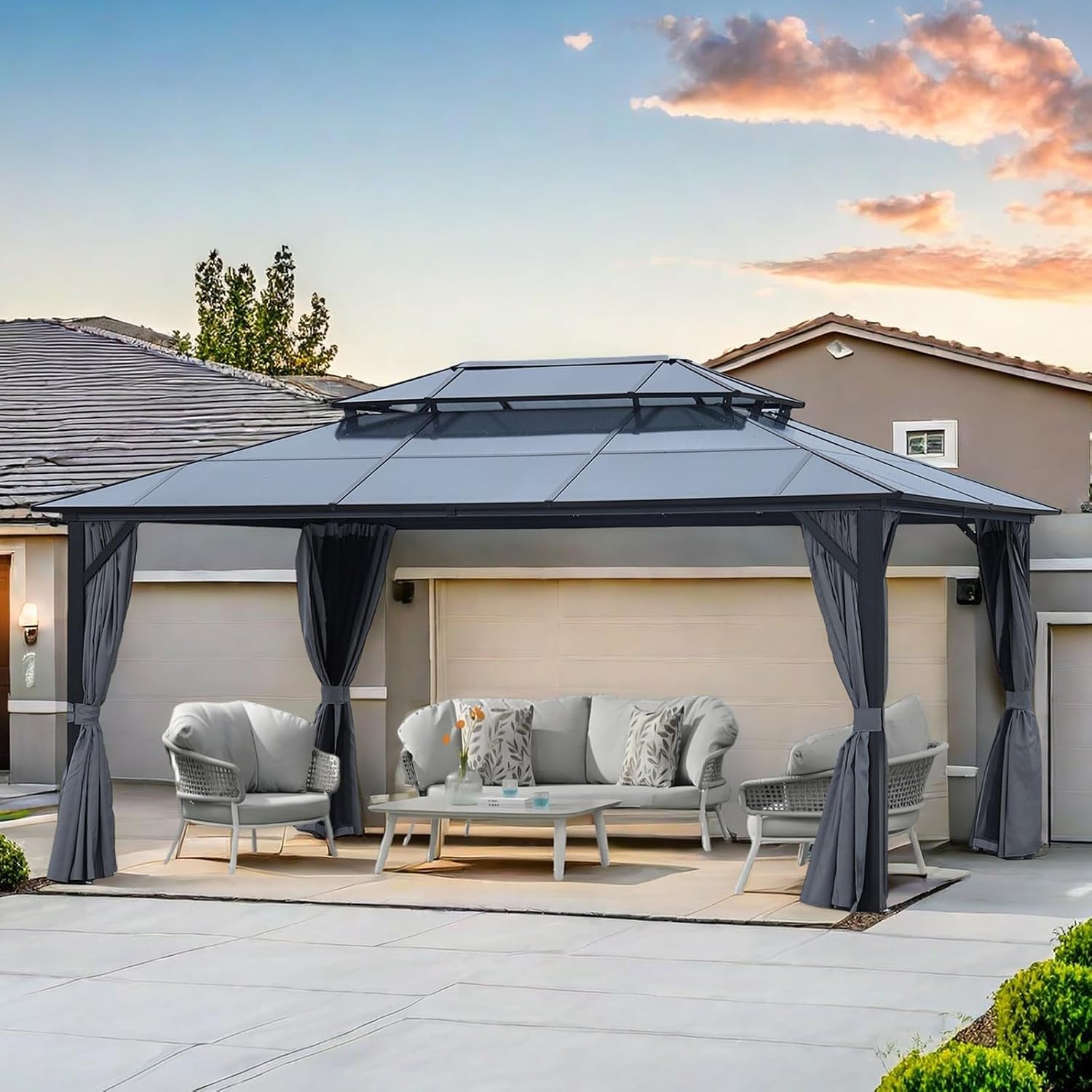 12 * 16FT Patio Gazebo with Double Polycarbonate Roofs,Outdoor Permanent Hardtop Gazebo Canopy for Patio, Garden, Backyard