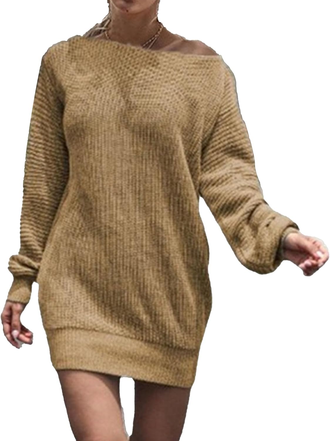 Women's Baggy Sweater Dresses Winter Off Shoulder Lantern Sleeve Casual Knit Dress Oversized Pullover Jumper Sweater