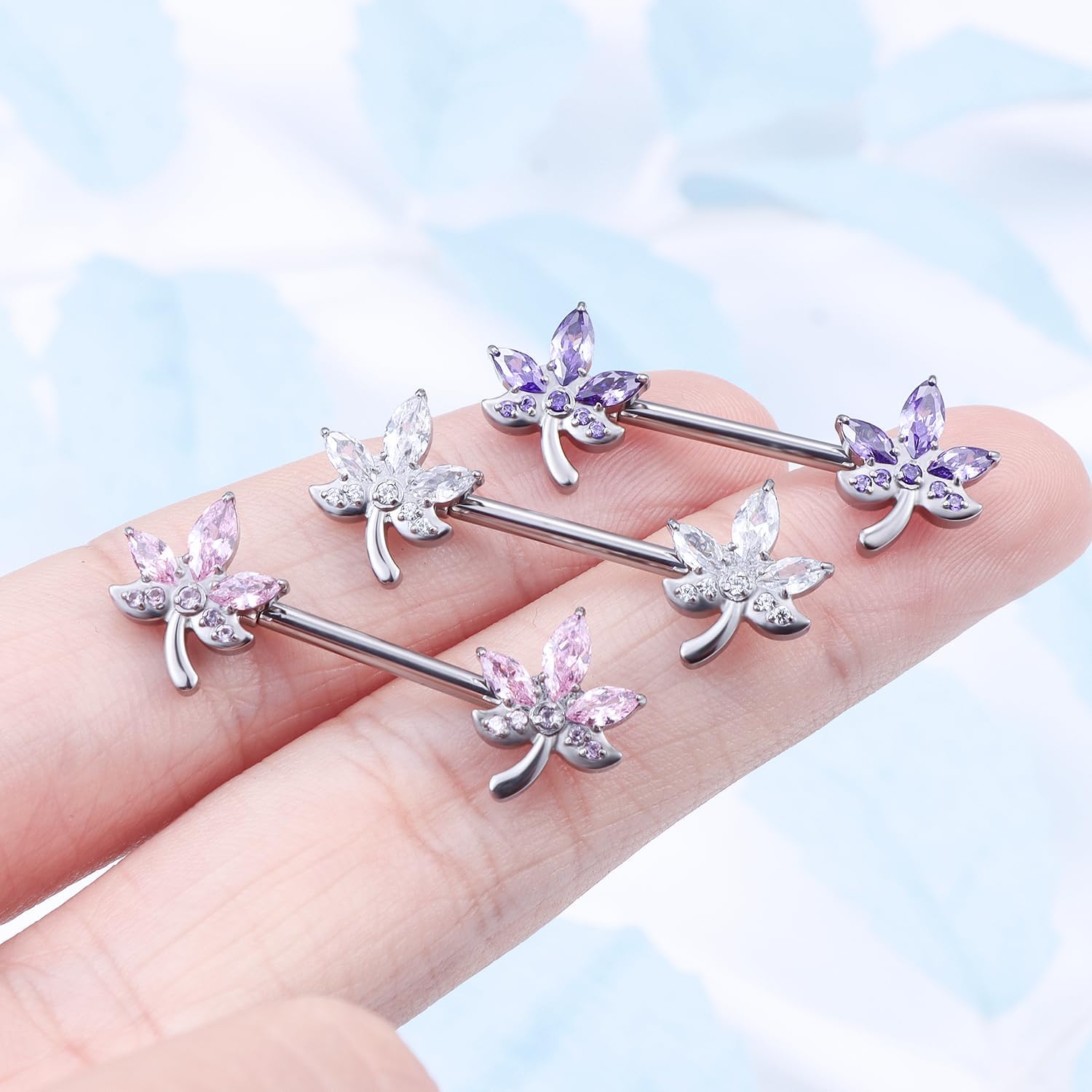 14G ASTM F136 Titanium Nipple Piercing Jewelry Sunflower Leaf CZ Opal Nipple Barbell Jewelry Internally Threaded G23 Solid Nipple Piercing Barbell Ring Jewelry for Women Men 14 Gauge - Image 4