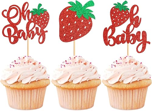 Paquete de 24 adornos para cupcakes de fresa roja para fiesta temática de fresa, para cumpleaños, boda, fiesta, baby shower, verano, jardín, fiesta,