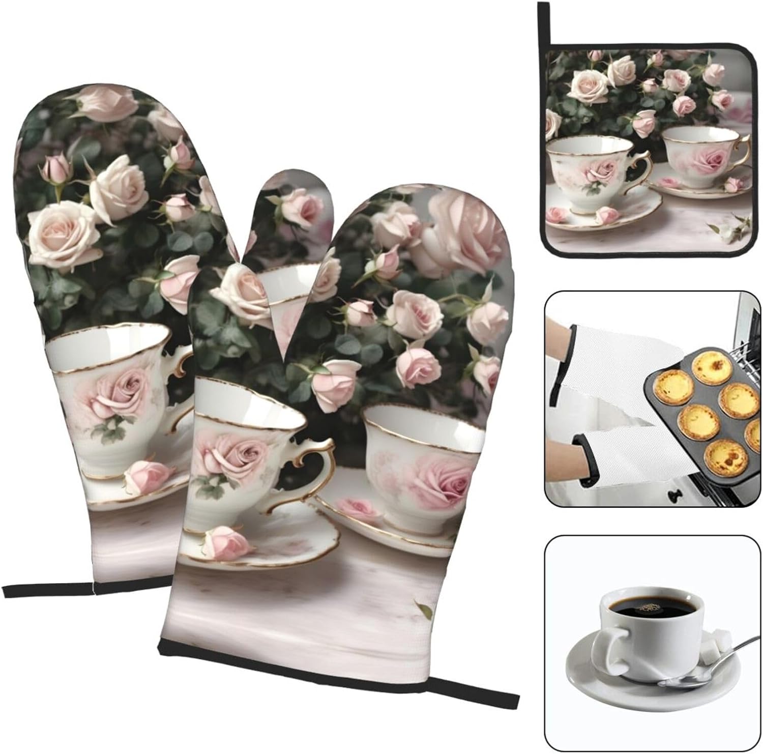 Tea Cups with Roses Romantic Shabby Print Heat Resistant Microwave Gloves, Used for Baking, Cooking, and Fashion Kitchen Essentials