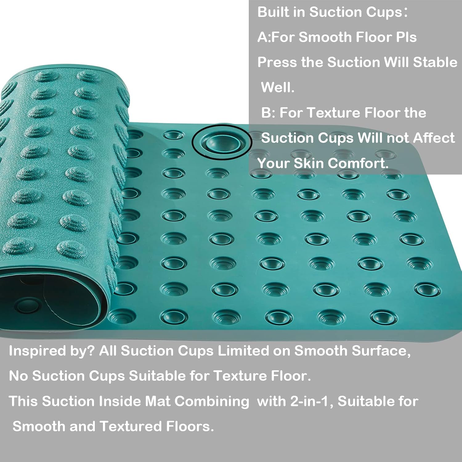 Yanzifly Bathtub Shower Mat Non Slip 18x40 in Bath Mat for Bathroom Tub Textured Smooth Floor, Silicone Extra Long Massage Bath Tub Mats No Slip Matt Non-Toxic Safe for Elderly & Kids- Light Green