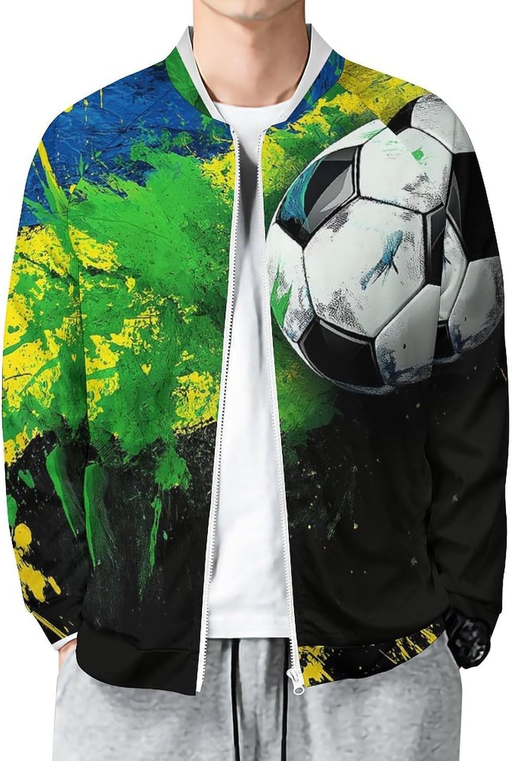 Men's Lightweight Varsity Jacket, Brazilian Flag Football Print Spring Fall Windbreaker, Baseball Coat With Pocket