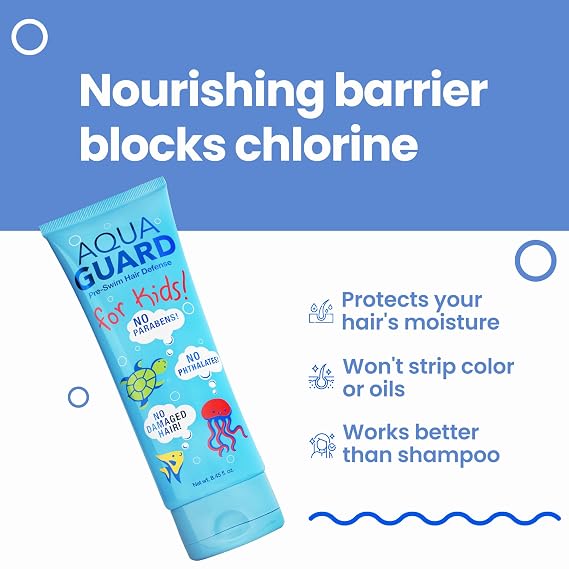 AQUA GUARD Pre-Swim Hair Defense For Kids | Chlorine Hair Shield + Easy Comb-Through | Made in California | Color Safe, Leaves Hair Smelling Great | 8.45 oz | For kids, prevents green hair, easy comb-through, color safe, gluten free, sweet almond, 8.45 oz