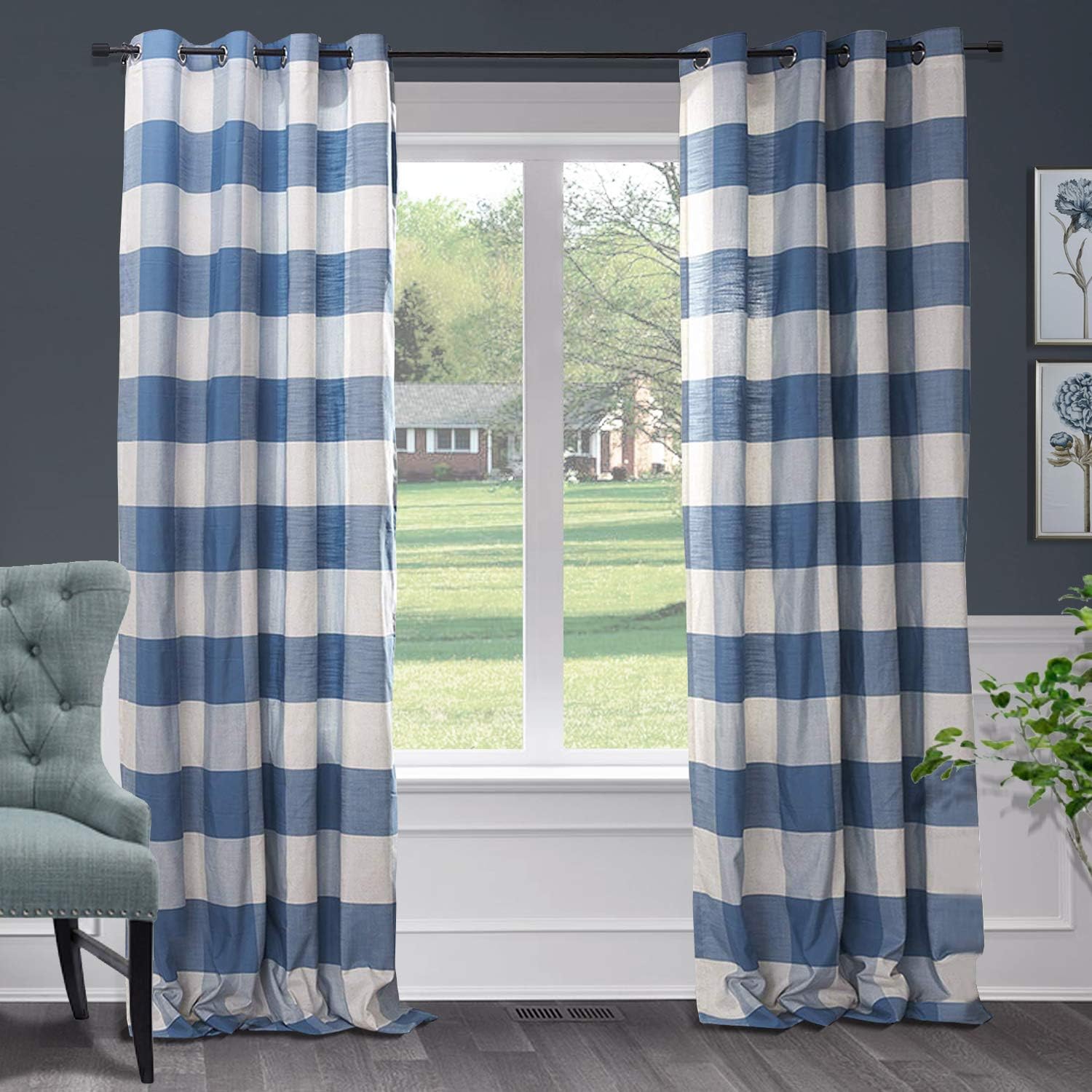 Macochico Checkered Cotton Curtains for Bedroom Farmhouse Nickel Grommet Blue White Printed Buffalo Plaid Window Drape Panel for Bedroom Livingroom, 84Wx102L Inch (1 Panel)