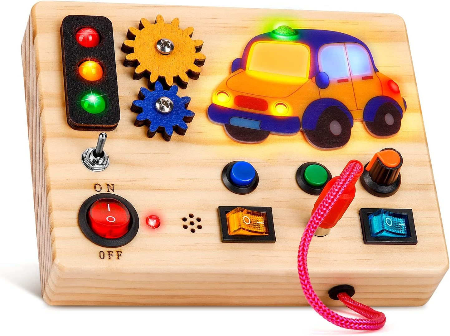 Auney Montessori Busy Board with Traffic Led Lights,Wooden Sensory Toys for Toddlers 1,Baby Travel Toys with 7 Different Led Lights Sound Button,Educational Toys for 1+ Year Old Boy Car Style Gift