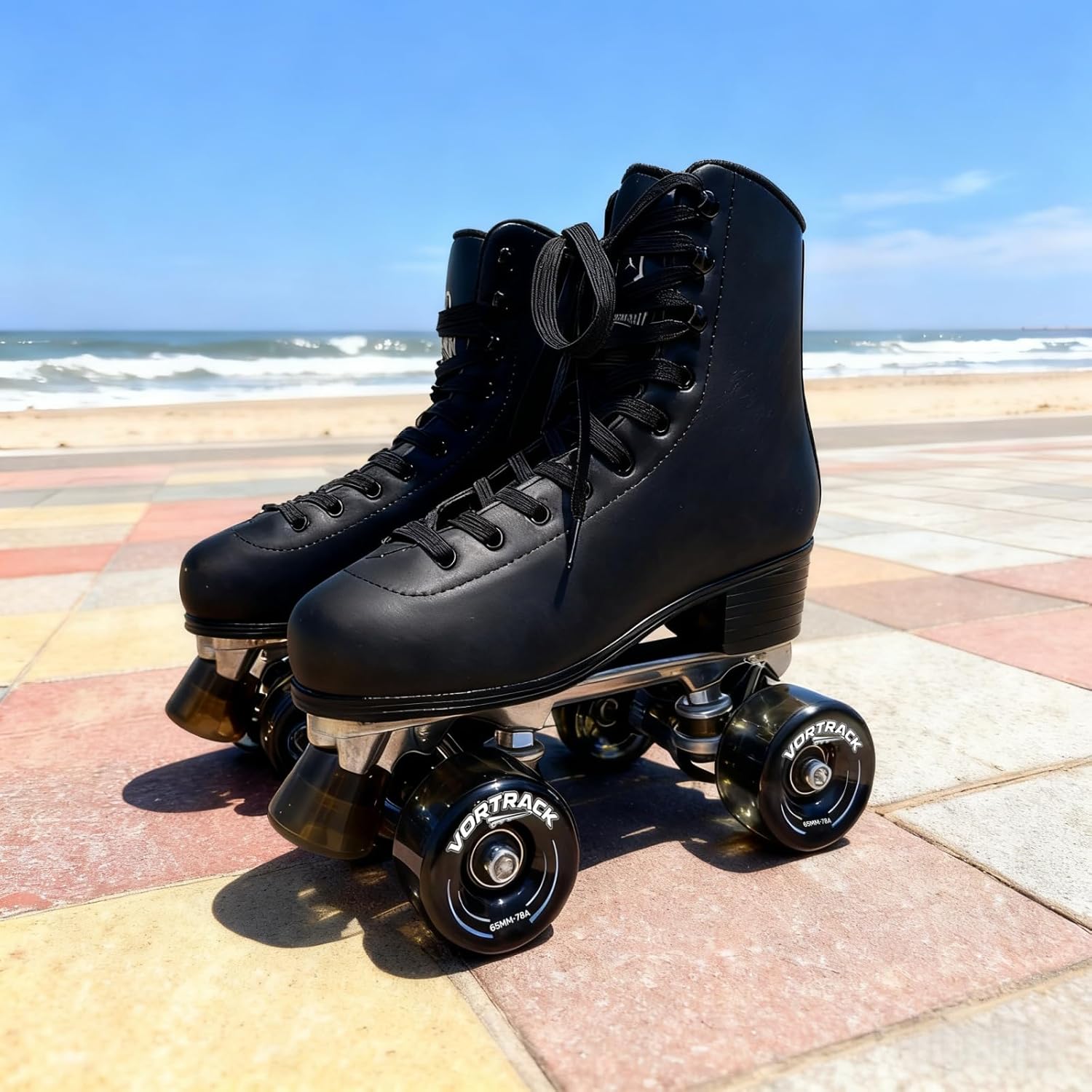 78A Quad Roller Skate Wheels 8 Pack 65x36mm with ABEC-9 Bearings Installed - Smooth Quiet Urethane Wheels for Indoor Outdoor Double Row Roller Skating, Replacement Accessories (Black)