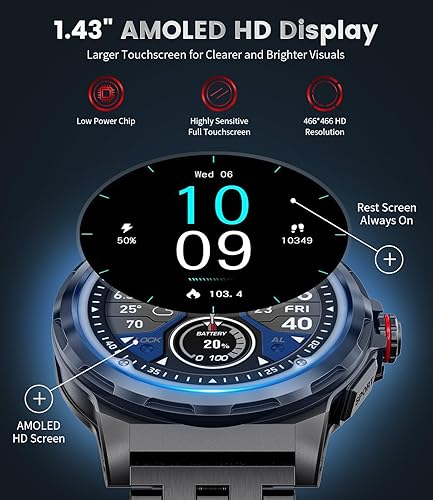 Miniatura 4 de Reloj inteligente militar para hombre con texto y llamada, 1.43 pulgadas AMOLED Fitness Tracker Watch 129+modos deportivospresión