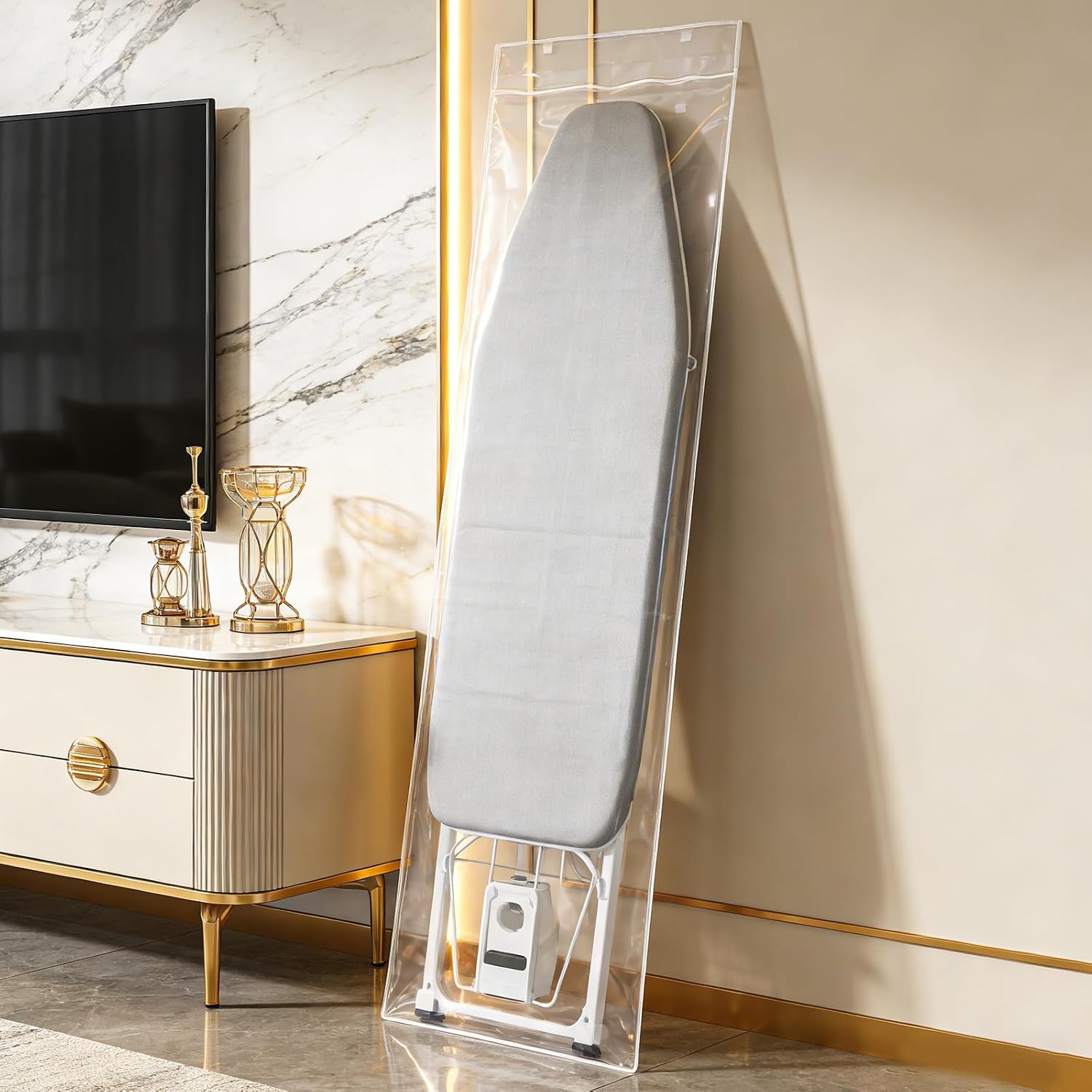Hanging Ironing Board Cover Bag, PVC Foldable 46x141cm Dust Protector | Universal Fit for Ironing Board, Waterproof Storage Sleeve, Home Laundry Room and Hotel Use, Modern Simple Style