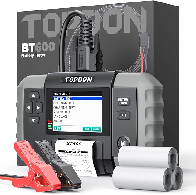 Topdon BT600 Car Battery Tester 12V 24V Battery Load Tester with Printer 100 to 2000 CCA 3.5" Color Screen 5.9ft Cable, Mini USB for Software Update (TOPDON BT600-UK)