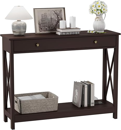 Miniatura 7 de Treocho Mesa consola negra con cajón y estantes de almacenamiento, mesa de sofá de vestíbulo estrecha para entrada, sala de estar, pasillo