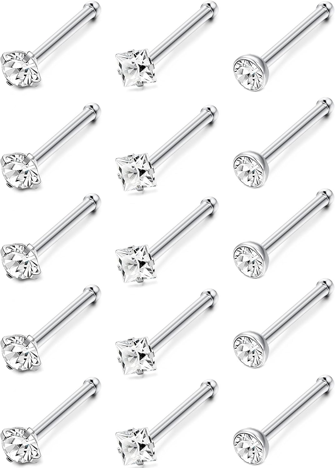 MILACOLATO Hypoallergenic Nose Rings for Women Men - 15Pcs 316L Surgical Stainless Steel Nose Rings Studs L Shaped/Corkscrew/Straight Studs Rings Cubic Zirconia Labret Lip Nose Nostril Piercing Jewelry 18G 20G