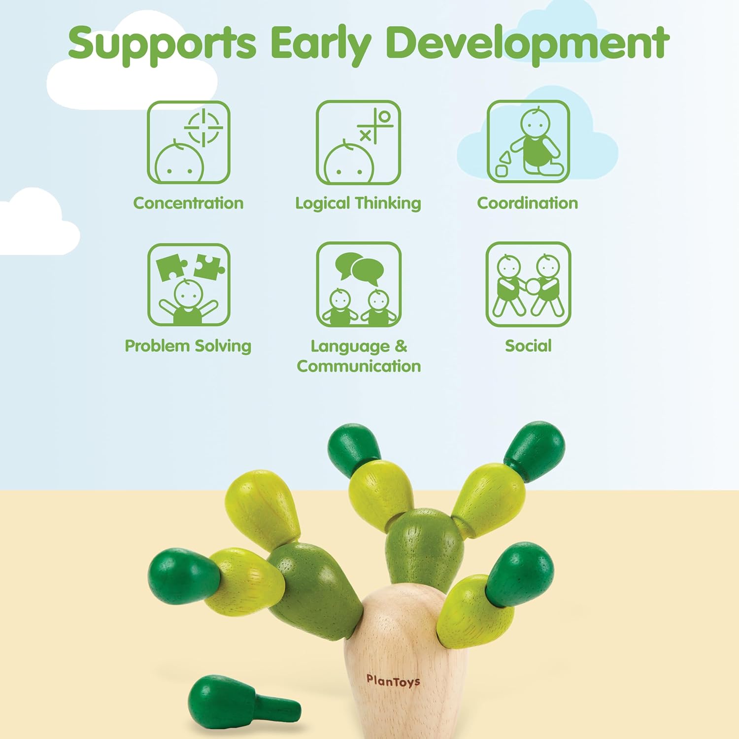 PlanToys® Mini Balancing Cactus | Montessori Wooden Toy for Toddlers | STEM Game for Fine Motor Skills image 4