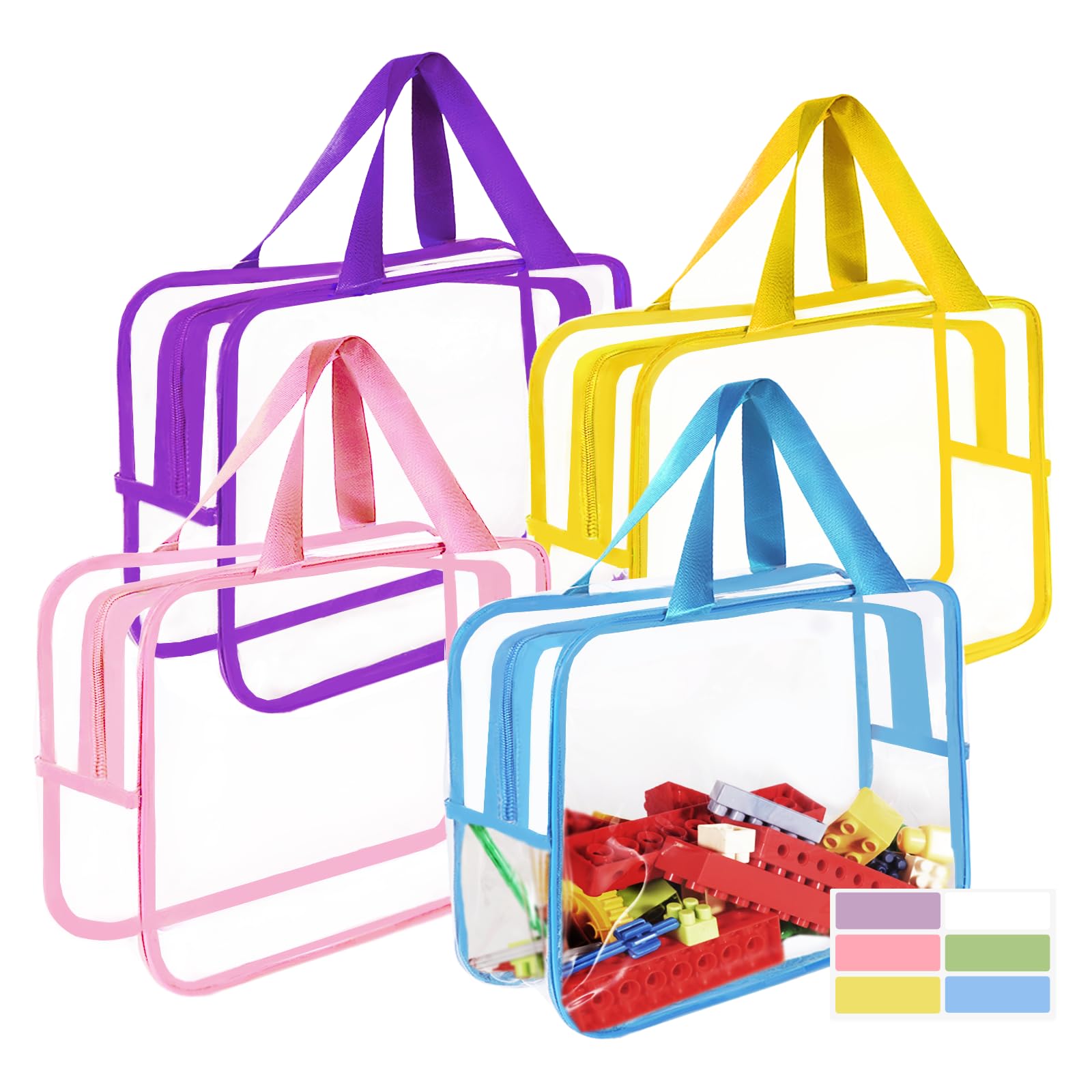 4 bolsas de almacenamiento, organizador de PVC transparente con cremallera, bolsas de viaje impermeables con etiquetas para bloques de construcción, rompecabezas, libros (multicolor1)
