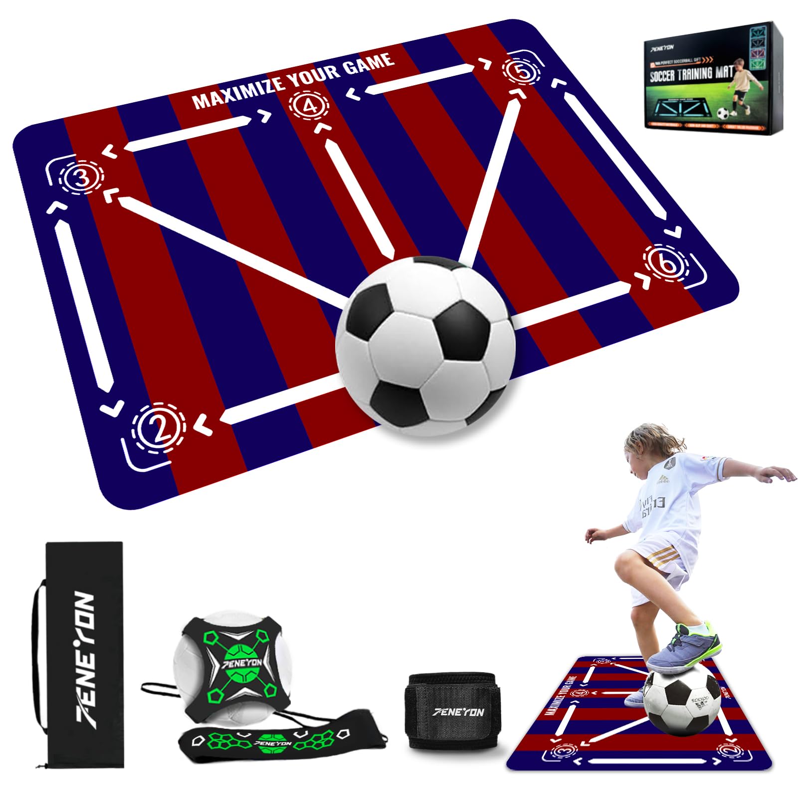 Soccer Training Mat with Adjustable Soccer Trainer - Non-Slip Soccer Training Equipment for Kids Youth to Boost Speed, Strength & Coordination | Soccer Trainer for Indoor/Outdoor Drills