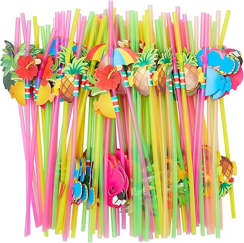 Miniatura 5 de BLUE PANDA Pajitas de cóctel, paquete de 100, multicolor, 9.5 pulgadas, 6 diseños tropicales, pajitas de fiesta en la playa, copas de margarita y