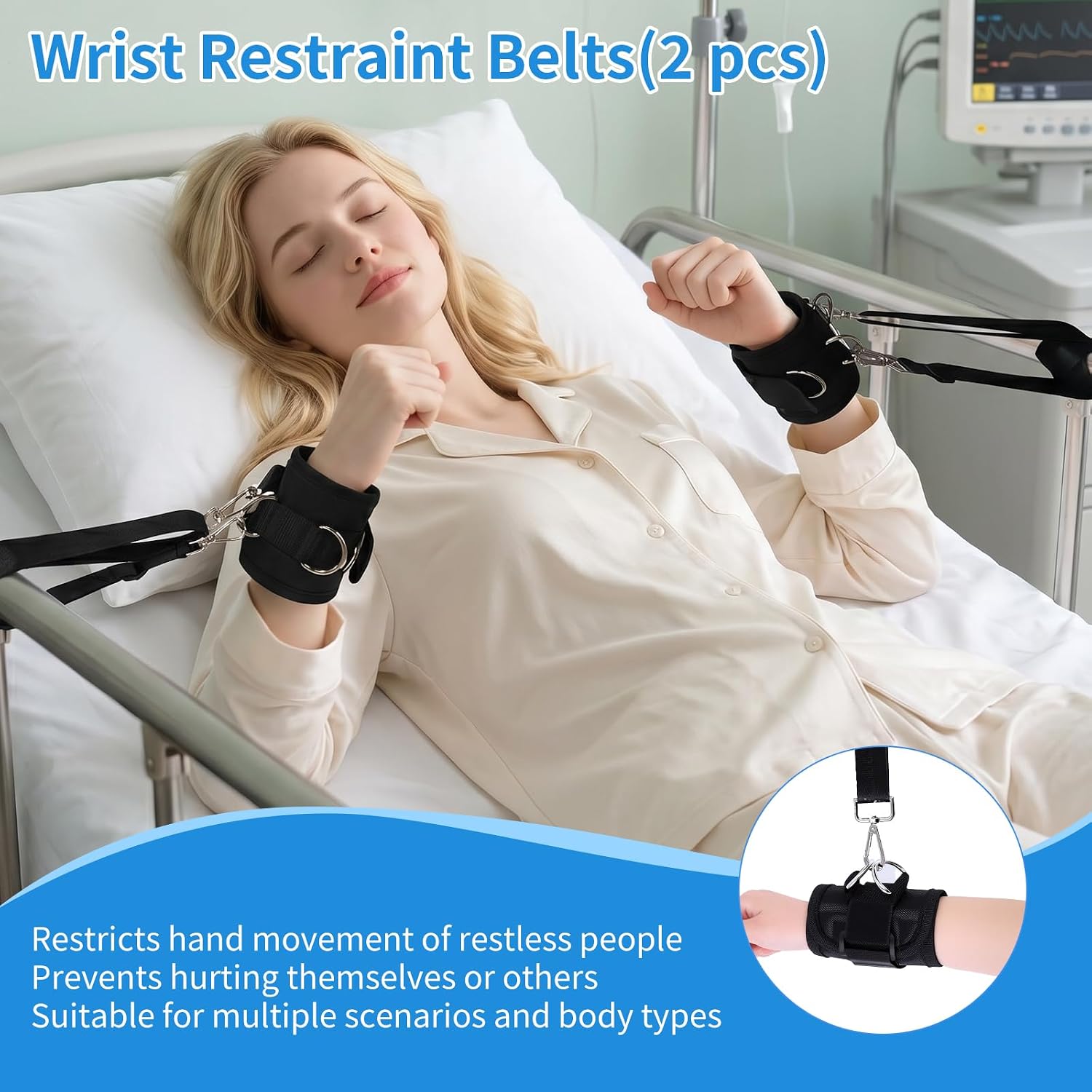 Patient Medical Restraints with Multiple D-Ring Buckles, Adjustable Bed Restraints for Wrists, Limb Holder Movement Limiting Ties with Breathable Inner Padding for Hands(2 Pieces, Black)