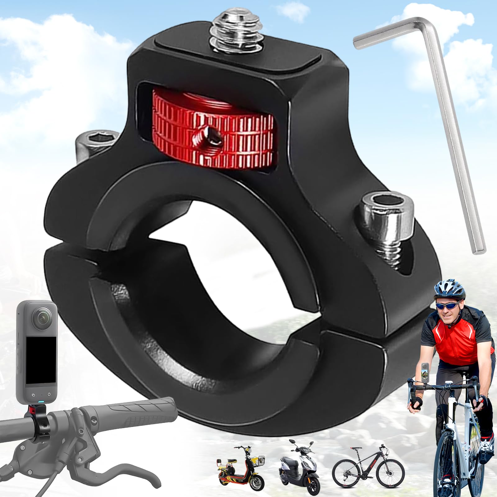 Abrazadera para Cámara De Bicicleta, Soporte De Manillar 360 Grados, Aluminio, 1/4 Pulgada, con Llave Hexagonal