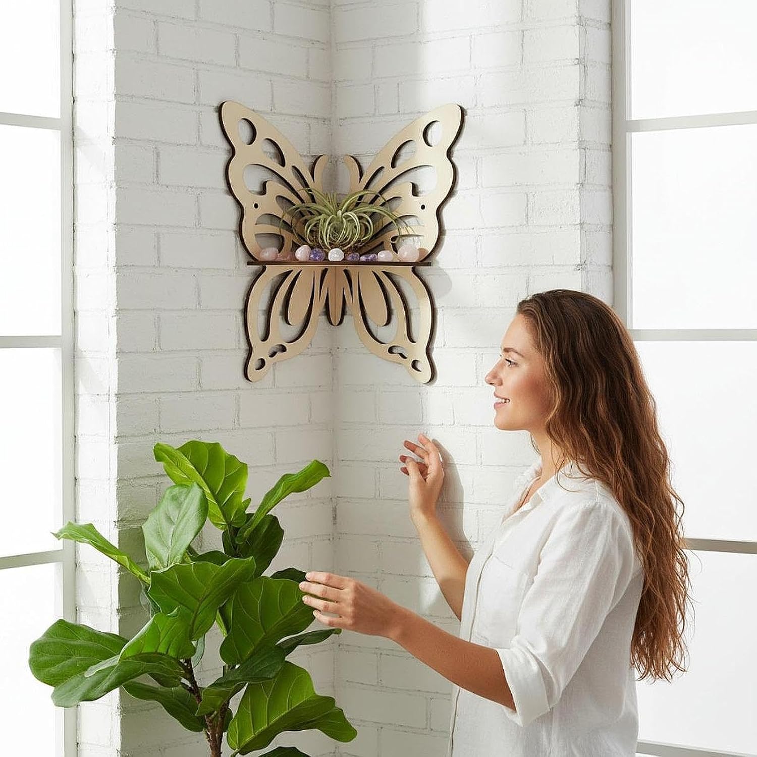 2X Butterfly Shape Corner Shelf Wooden Wall Corner Shelf Decorative Storage Rack Display for Living Room Bedroom