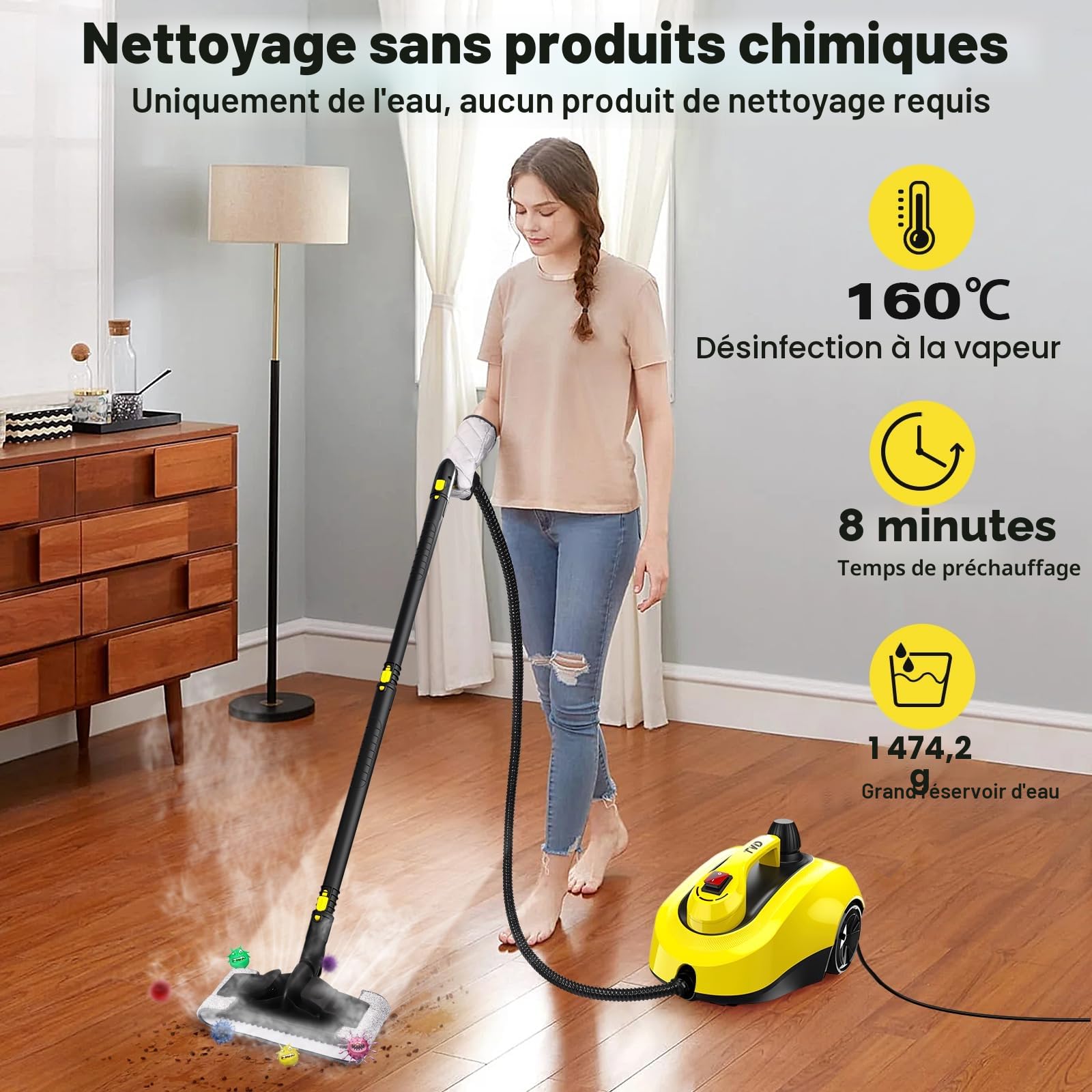 TVD Nettoyeur vapeur pour meubles rembourrés avec câble d'alimentation extra long de 5 m pour vapeur, four, tapis, canapé, coussin, punaises de lit