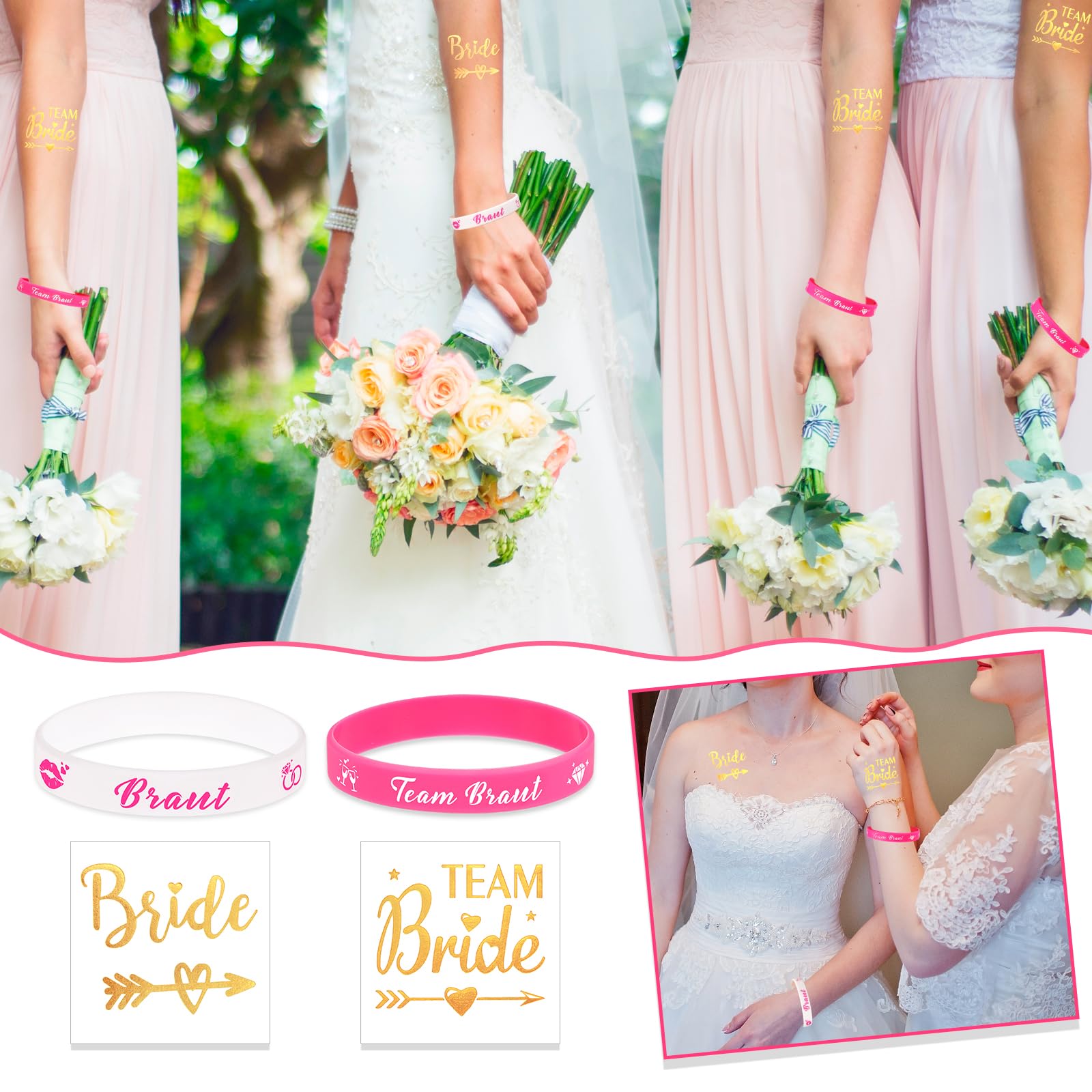 HOWAF 36 Stück JGA Accessoires Frauen, 12 JGA Brillen Herz Sonnenbrille + 12 JGA Deko Armbänder Frauen Silikonarmband + 12 Team Bride Tattoos Hochzeit, Junggesellenabschied Frauen, Bride to Be Deko