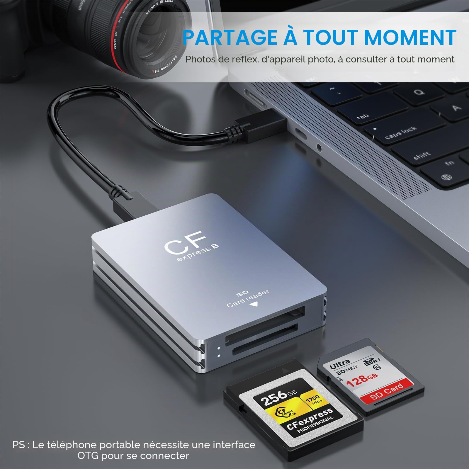 Rocketek Lecteur de Carte CFexpress Type B et Lecteur de Carte SD, Lecteur de Carte CFexpress USB 3.2 Gen 2 10 Gbit/s, Lecteur de Carte CF Express avec câble USB C vers USB A/C Compatible avec Window