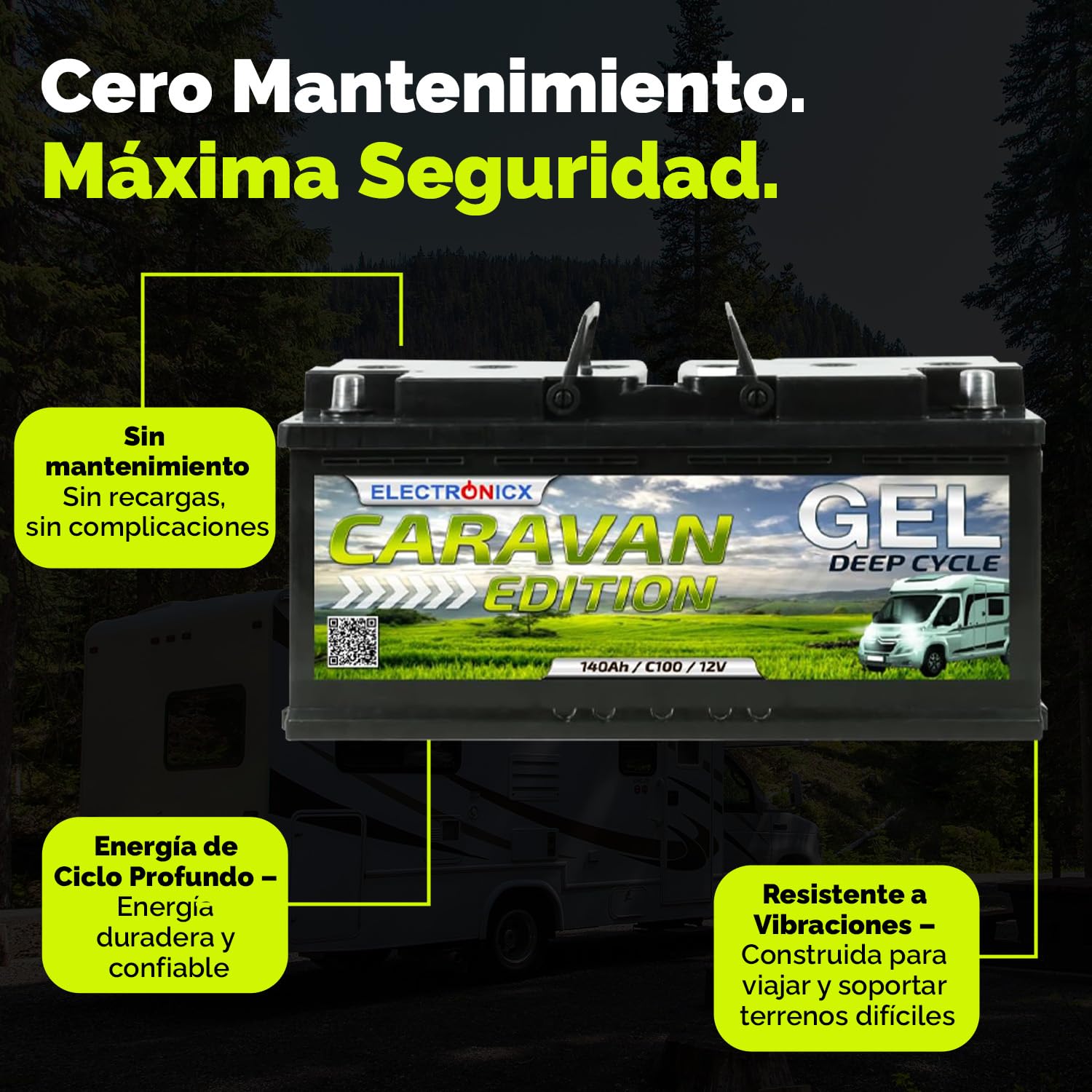 Electronicx GEL 12V 140Ah batería de ciclo profundo – sin mantenimiento, para caravana, autocaravana, barco, casa de jardín, sistema solar off-grid – 393×175×190 mm