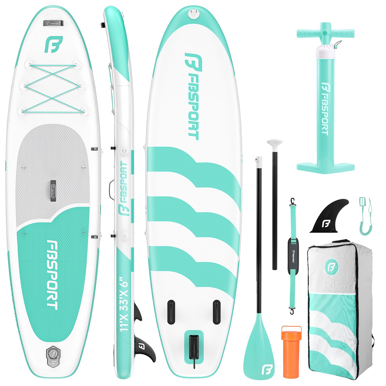 FBSPORT Stand UP Paddling Board 335cm SUP für Erwachsene mit Anti-Rutsch Deck, 15cm Extra Dicke Surfboard Aufblasbares, 160kg Tragkraft, Komplettset mit Paddel Pumpe & Zubehör für Yoga Reisen Surfen