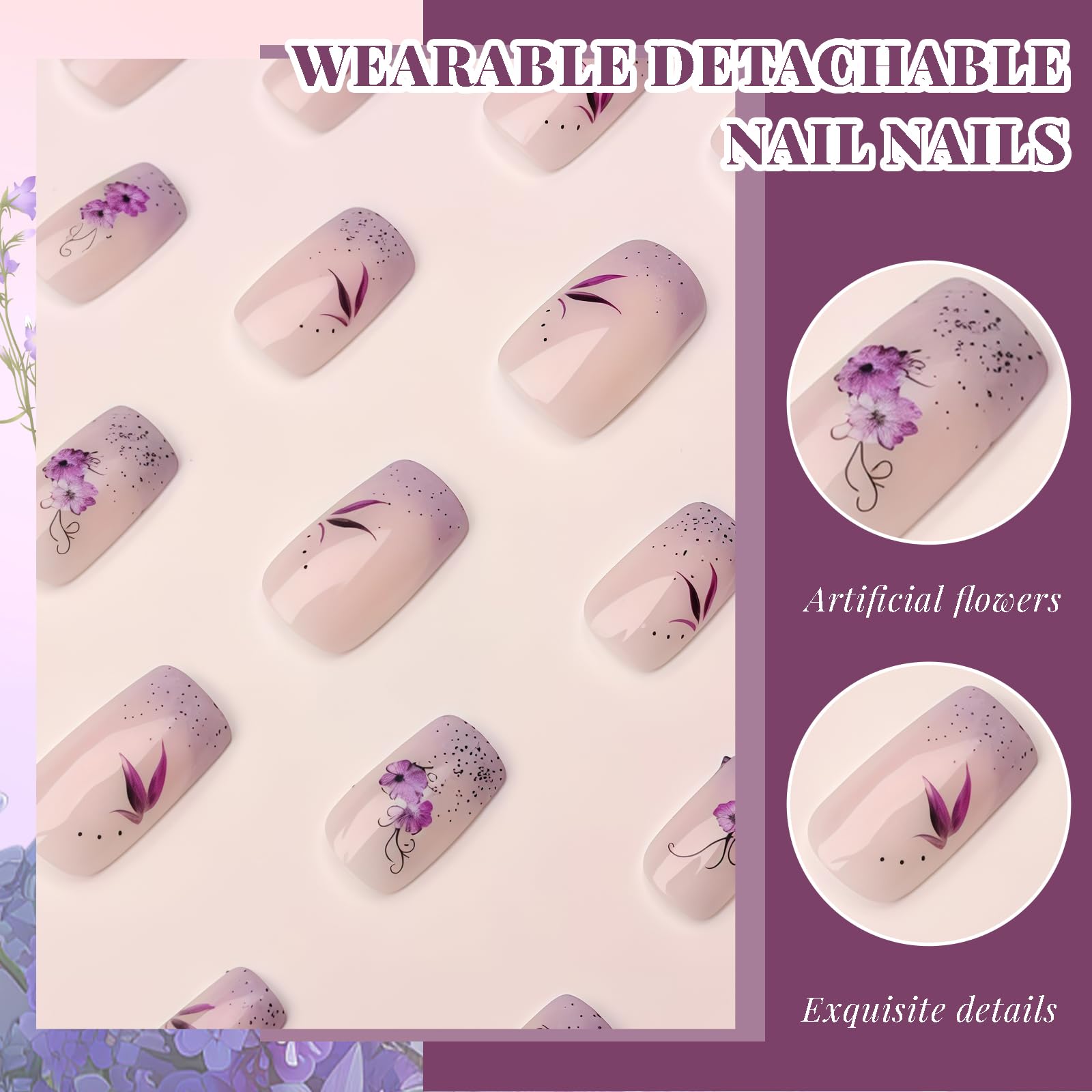 AstraGlam 24PCS Purple French Press on Nails, Short Square Soft Gel False Nails with Floral Design and Glitter - Image 3