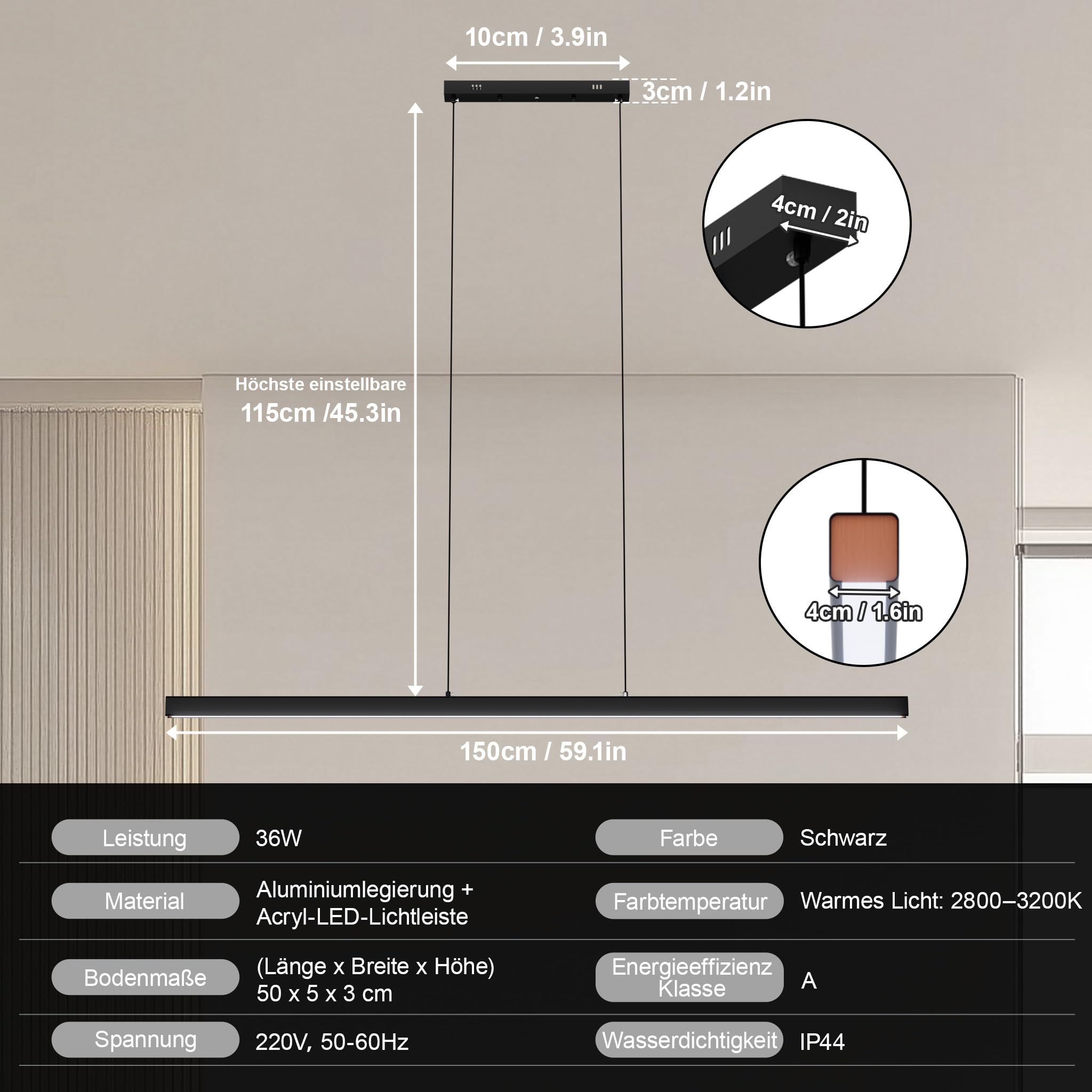 UISEBRT Moderne Pendelleuchte Schwarz 150cm, LED Hängeleuchte Hängend für Wohnzimmer, Deckenlampe Hängend 60W, Höhenverstellbar bis 115cm, Esszimmerlampe, Linear Design - Warmes Licht
