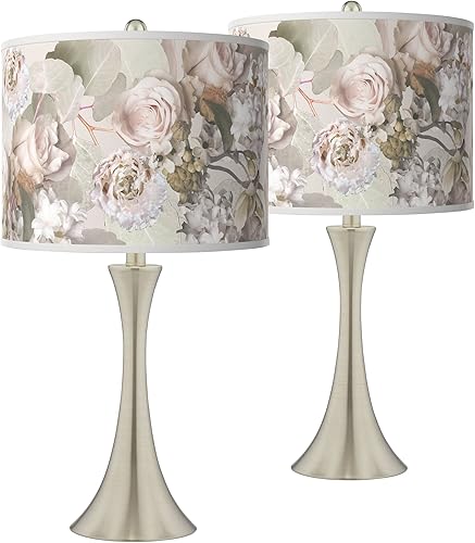 Rosy Blossoms Trish - Juego de 2 lámparas de mesa táctiles de níquel cepillado con pantalla de impresión