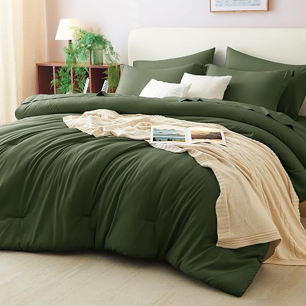 CozyLux Full Size Comforter Set Olive Green, 7 Pieces Bed in a Bag Full Comforter Set with Sheets, Bedding Set with Down Alternative Comforter, Fitted Sheets, Flat Sheets, Pillow Shams and Pillowcases