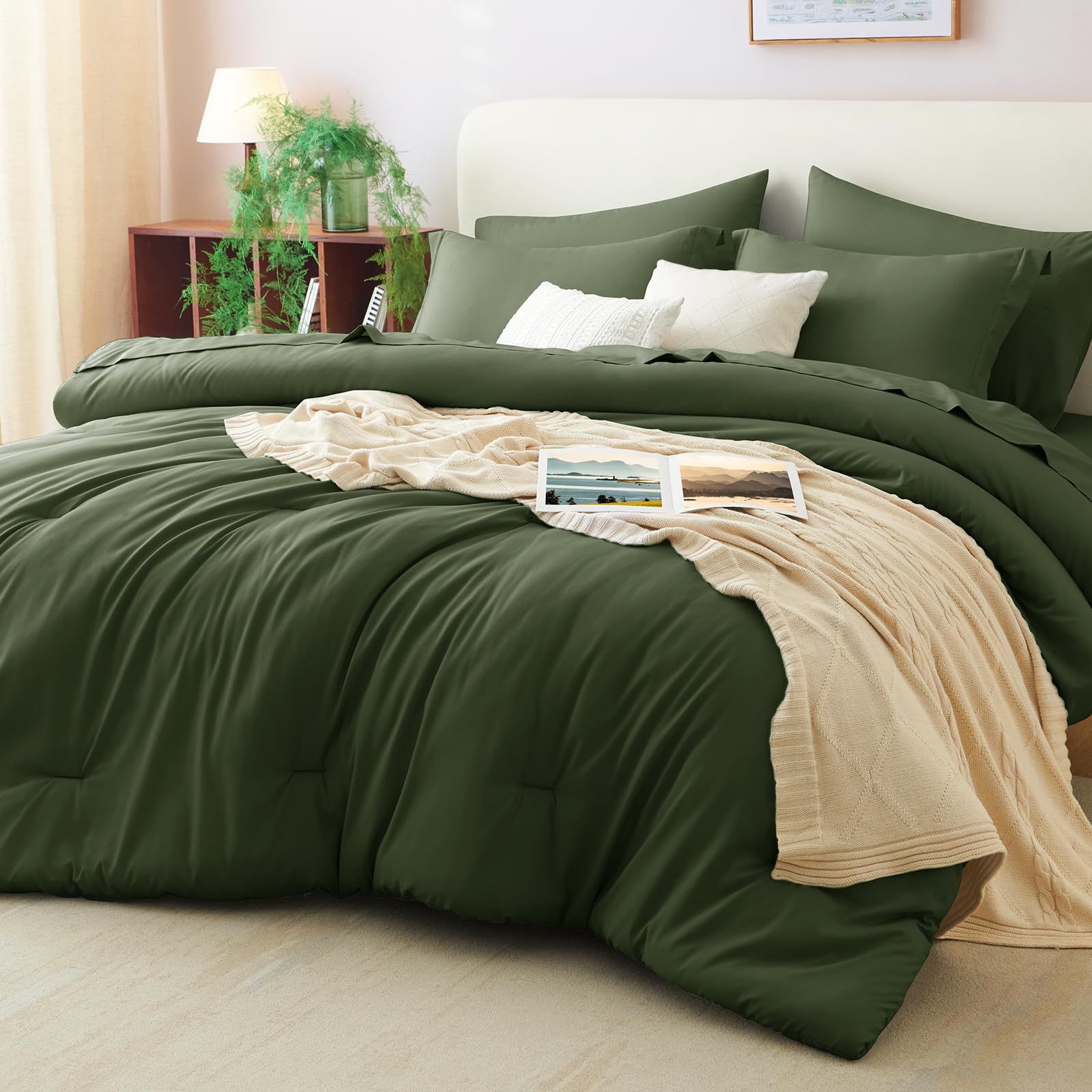 CozyLux Full Size Comforter Sets Olive Green, 7 Pieces Bed in a Bag Full Comforter Set with Sheets, Luxury Bedding Sets with Down Alternative Comforter, Fitted Sheet, Flat Sheet, Pillowcases Shams