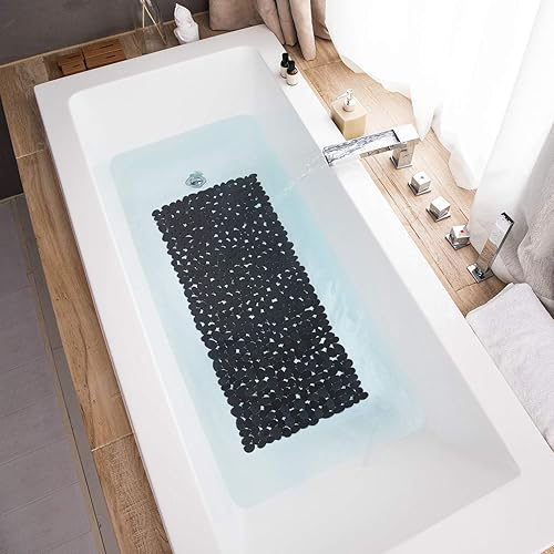 Miniatura 7 de Tapete de baño antideslizante para bañera y ducha, 35 x 16 pulgadas, lavable a máquina, con orificios de drenaje, ventosas para baño (negro)