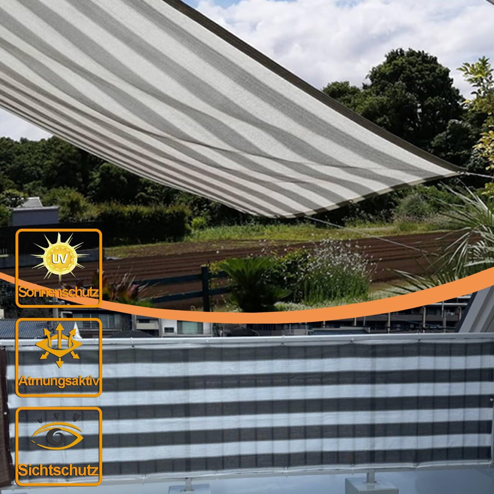 Balkon Sichtschutz 75x300cm, Balcony Cover Wasserdurchlässig Balkon Sichtschutz Ohne Bohren Inkl. Befestigungsschnur für Zaun Pavillon Balkongeländer - Grau-weiß gestreift