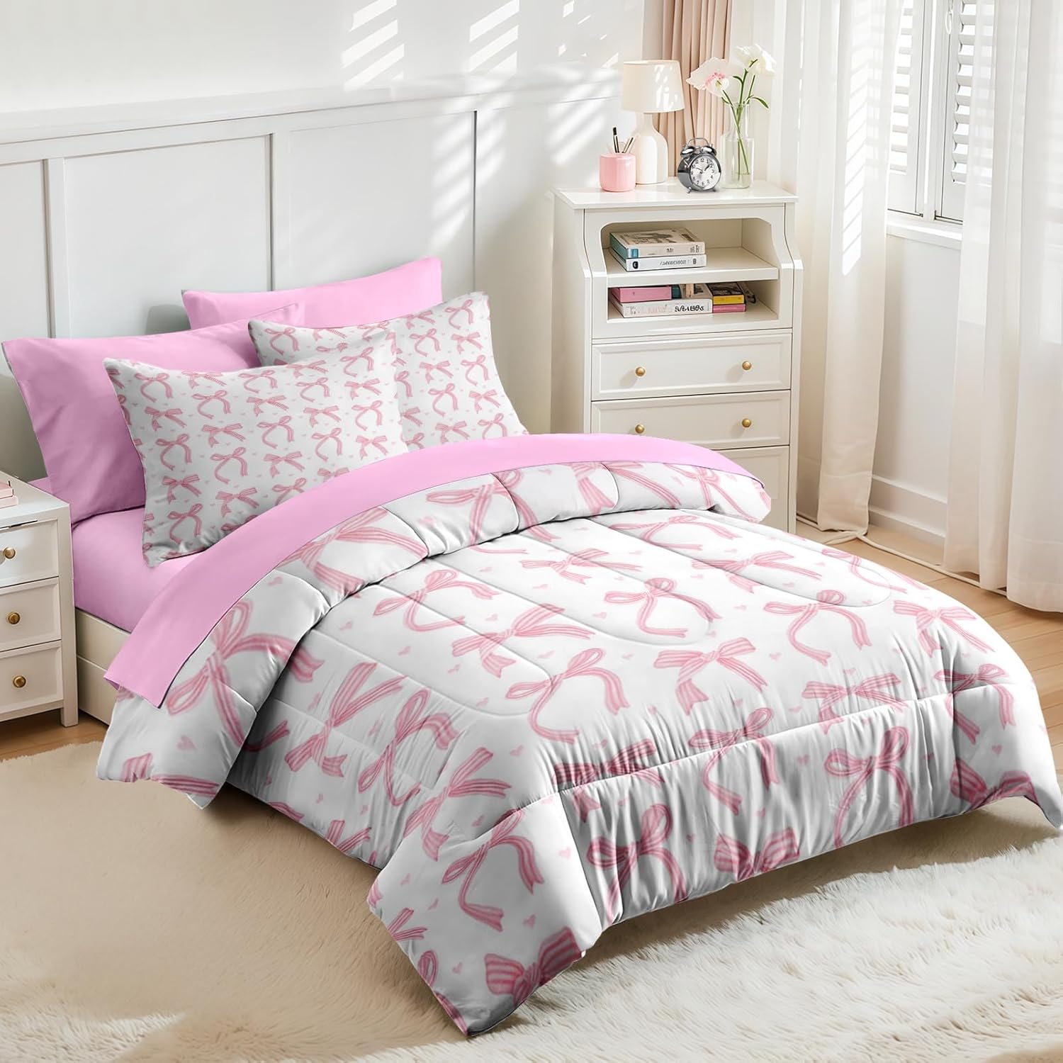 Nesker 7 Pcs Comforter Set Queen Size, Pink Bow Love Bedding Set for Kids and Adults, Pretty Trendy Girly Bed Sheet Sets with Fitted Sheet 2 Pillowcases & 2 Shams