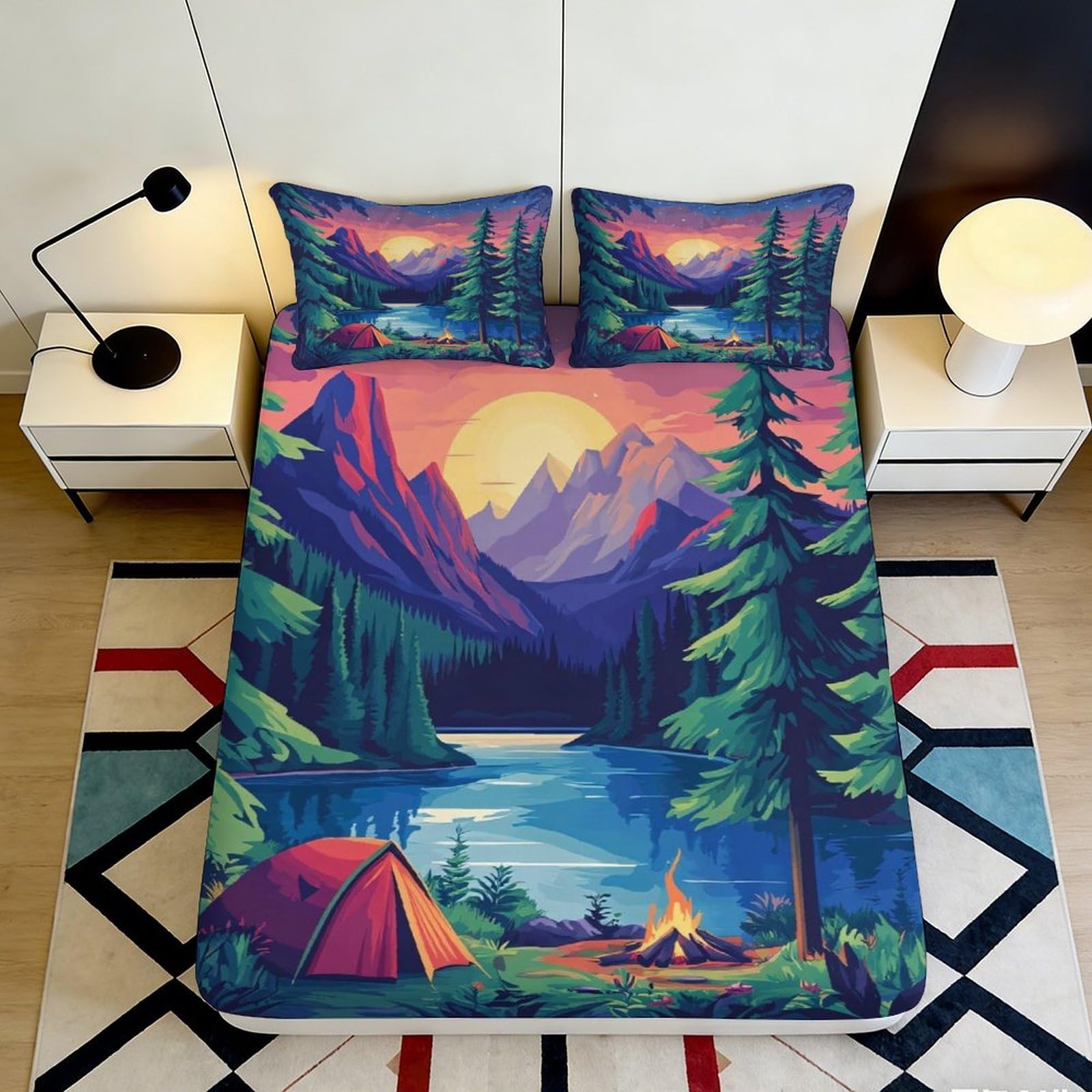 3D Printed Mountain Sunset Fitted Sheet Microfiber Soft Breathable Campfire Lake Bed Cover for Bedroom Dormitory Guest Room Mattress Protection 120x200x25cm