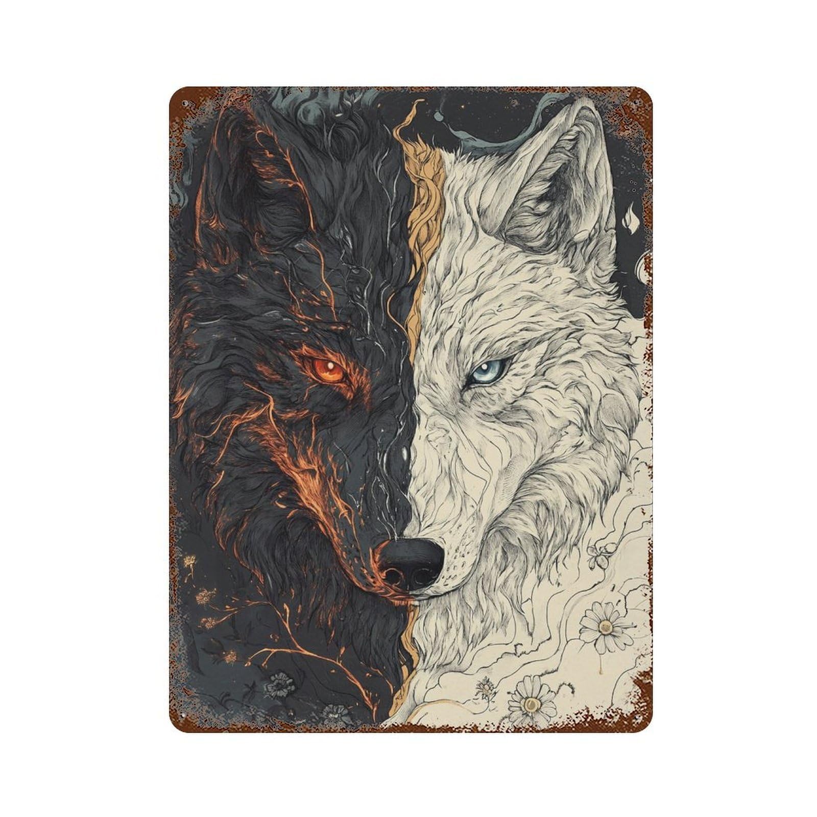 Rust Effect Yin Yang Wolves Dual Nature Artwork Vintage Rust Metal Sign 15.7"x11.8", Old School Wall Decor for Cafe, Home Bar And Lounge Decor