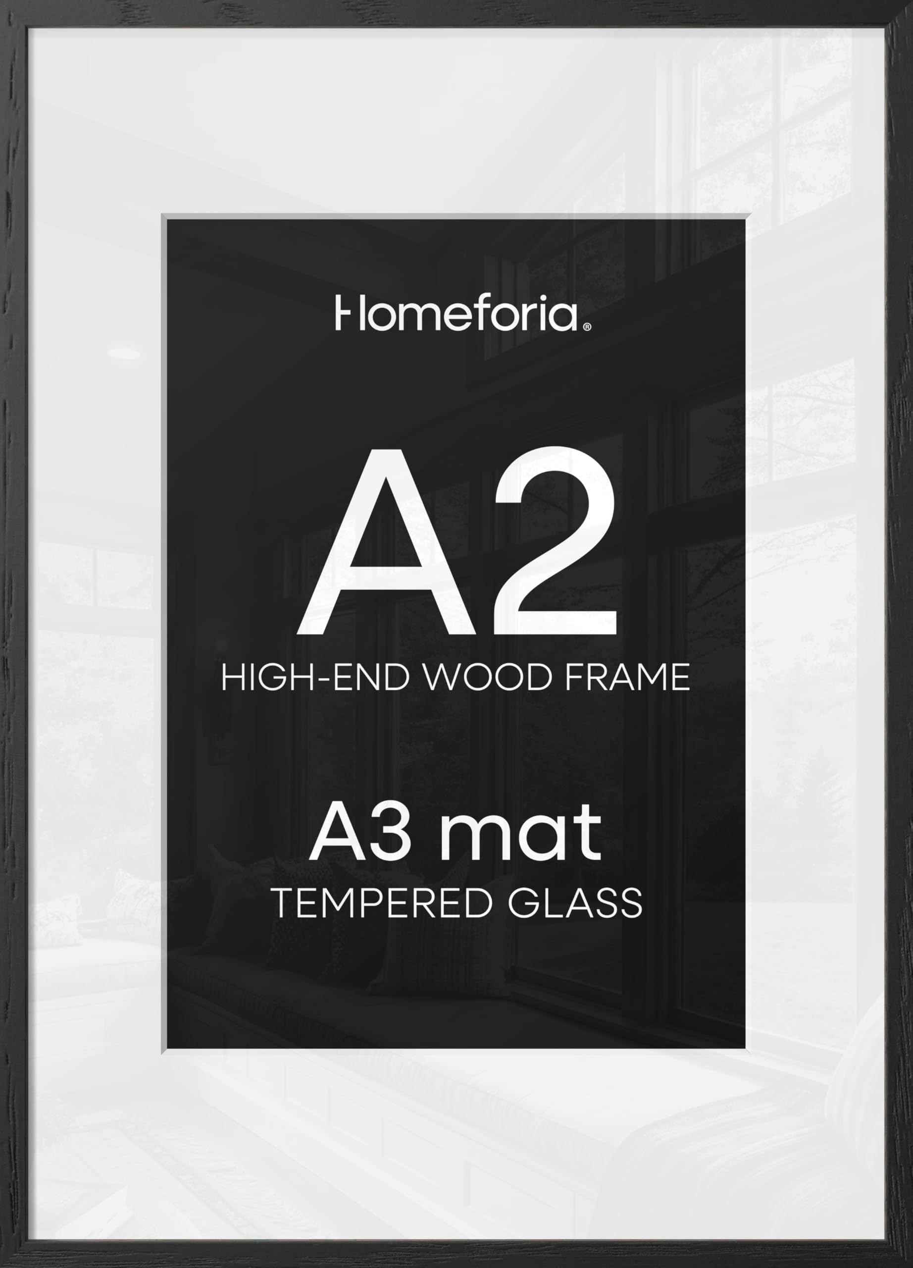 Homeforia A2 Black Oak Picture Frame, High-End Wood, A3 Mat, Glass | High End Solid Oak Wood, Tempered Glass, Acid-Free A3 Removable Mat, A2 Edge-to-Edge Display, Wall Kit, Set Of 1