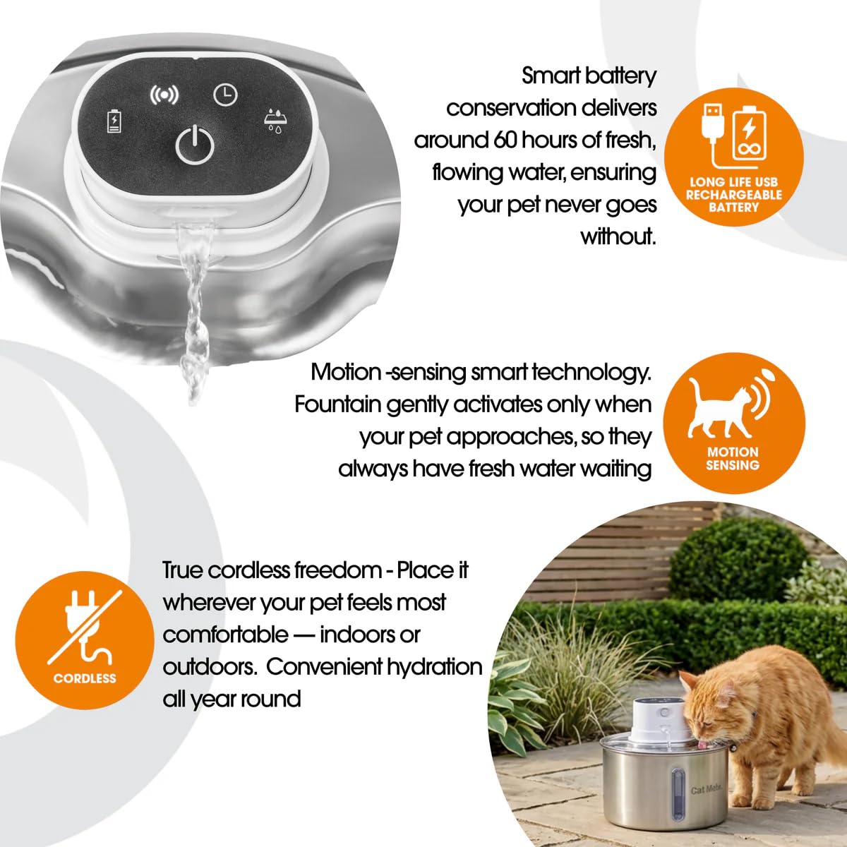 Cat Mate 2-Liter-Edelstahl-Trinkbrunnen für Katzen – Automatischer Wasserspender für Haustiere, gefilterter Trinkbrunnen, batteriebetrieben
