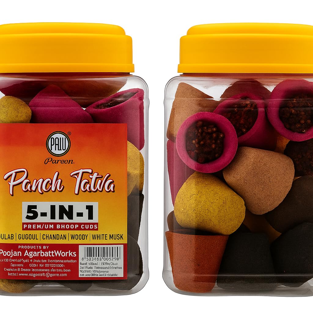 Pareen Panch Tatwa Premium Cup dhoops, 5-in-1 Fragrances, Gulab, Gugul, Chandan, Woody, White Musk Pack of 2 zar (25 Cups in zar)-image-35