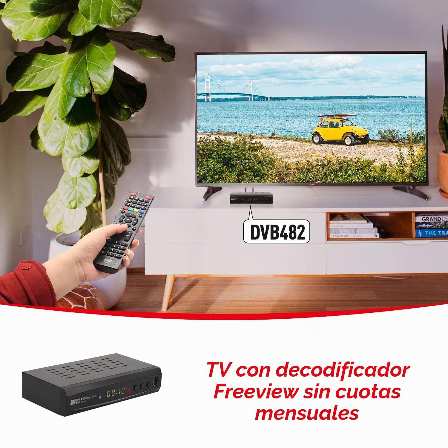 August DVB482 Decodificador TDT HD, Mira y Graba DVB-T DVB-T2 TV en Vivo Desde 2 Canales al Mismo Tiempo, Guía de Programas y TimeShift, Receptor TDT HD HDMI para TV- Reproductor Multimedia